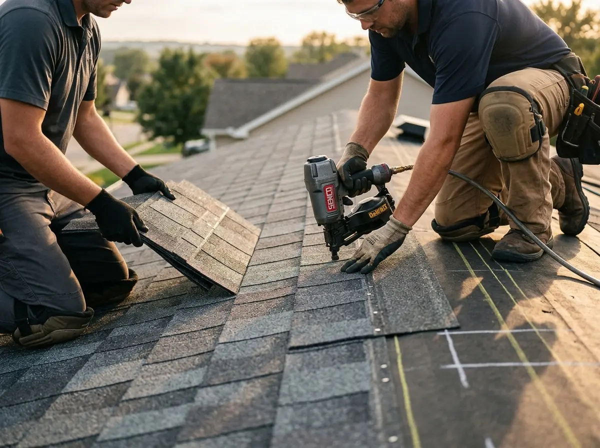 Professional roofer working on a residential roof in Rehoboth